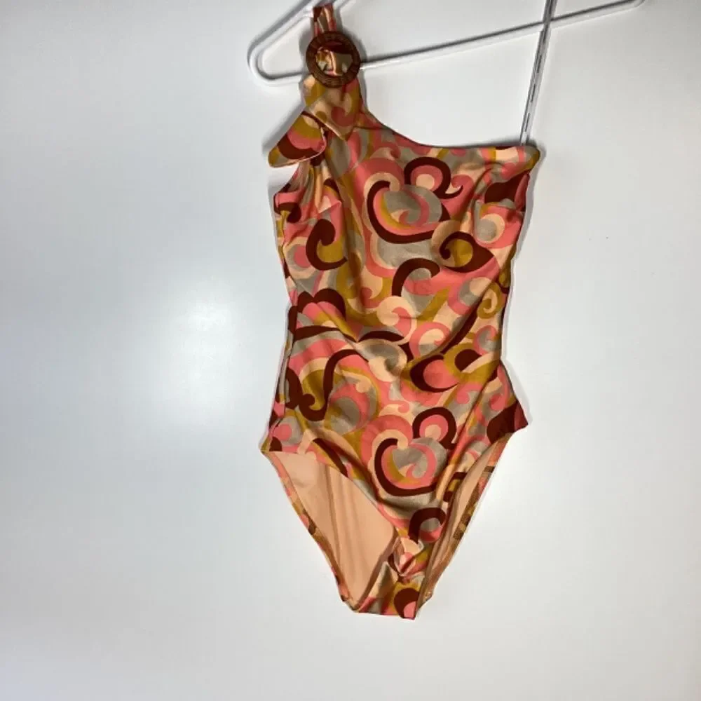 Zimmermann Mae Orange Swirl Print One-Shoulder Buckle Swimsuit NWT Size‎ 4